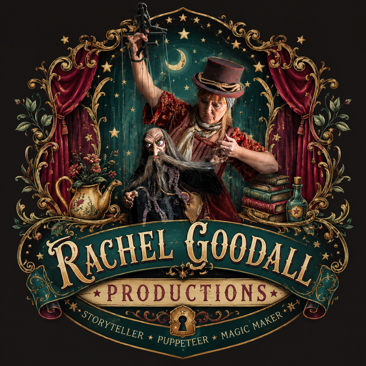 Rachel Goodall Productions theatrical poster artwork with puppetry and storybook stage details.